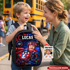 Personalized Kids Racing Backpack -Custom Name and Photo Cartoon Race Car Driver