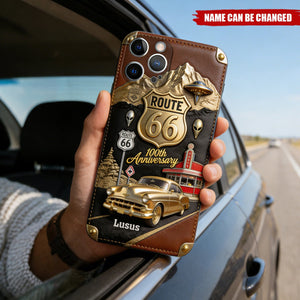 Route 66 100th Anniversary - Personalized Car Lover Leather Phone Case
