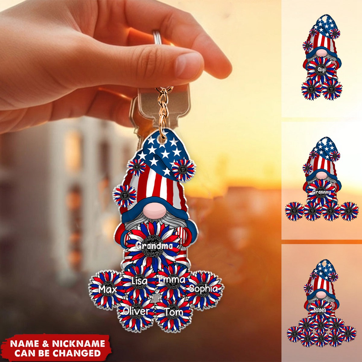 Patriotic Dwarf Love July 4th Grandma With Flower Grandkids Personalized Acrylic Keychain