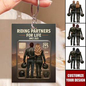 Figure Couple Bikers Riding Partners For Life Personalized Keychain