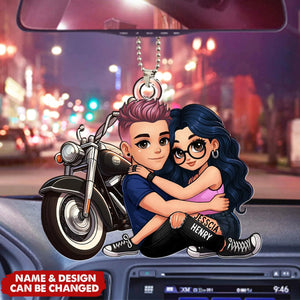 Biker Cartoon Effect Couple Personalized Acrylic Car Ornament, Gift for Motorcycle Lovers