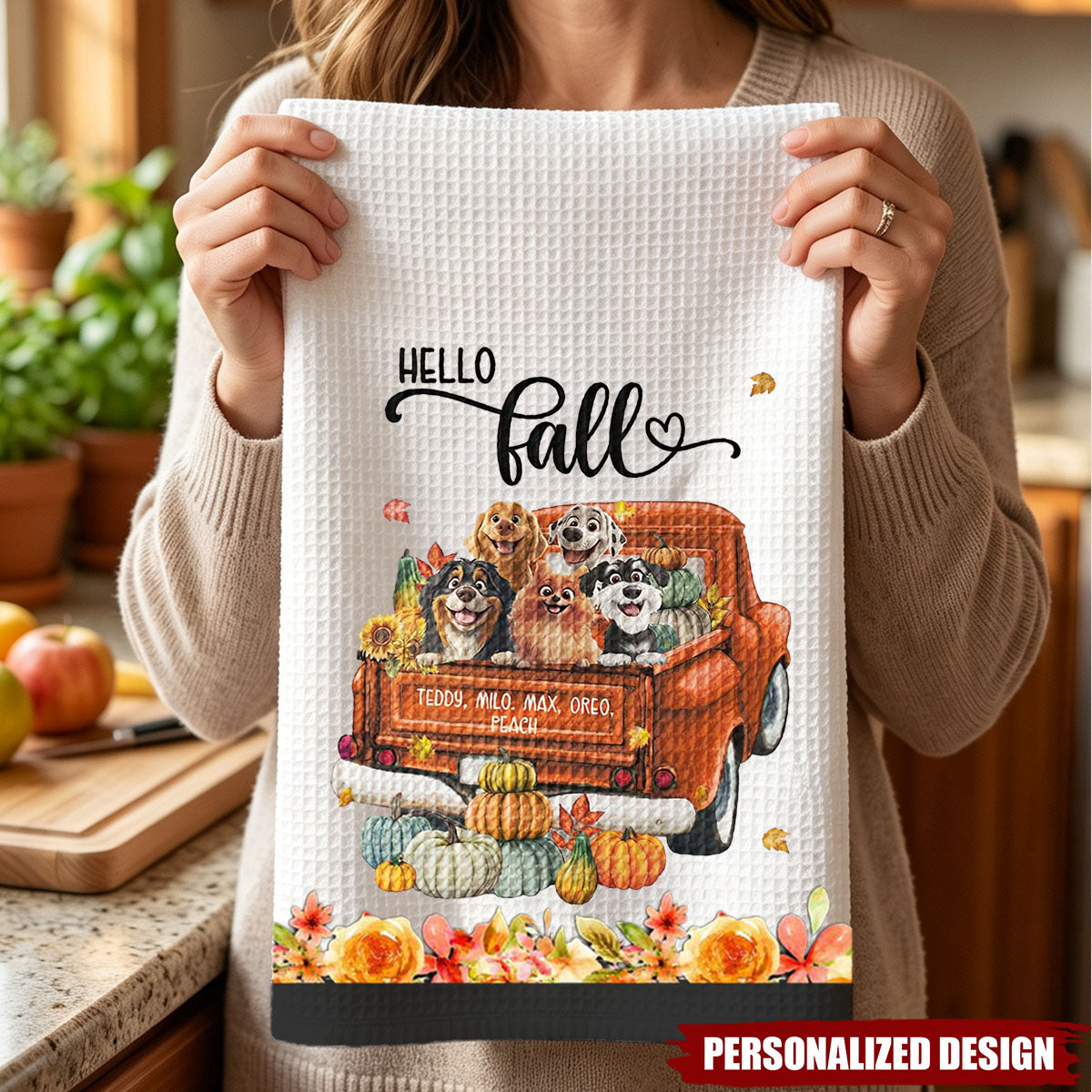 Personalized Hello Fall Dog Kitchen Towel - Custom Dog Names
