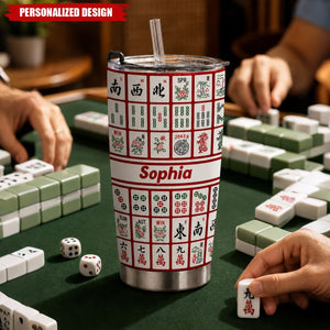 Personalized Mahjong Tiles Stainless Steel Tumbler - Custom Name Mahjong Lover 20oz Travel Cup