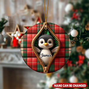 Cute Zipper Plaid Penguin Personalized Christmas Ceramic Ornament