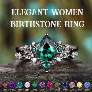 Pear Shape Birthstone Rhodium Black Personalized Ring