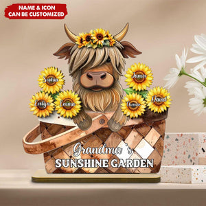 Cute Highland Cow Sunflower with Grandkids’ Names - Personalized 2-Layer Standing Wooden Plaque