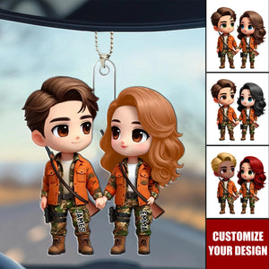 Cute Cartoon Couple Hunting Personalized Acrylic Car Ornament, Gift for Couple