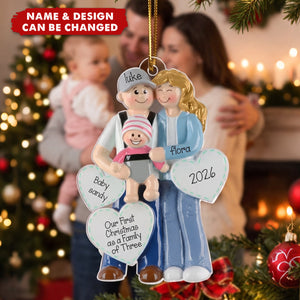 3D Effect First Christmas As Family Of Three Mom Dad & Baby In Carrier - Personalized Acrylic Ornament