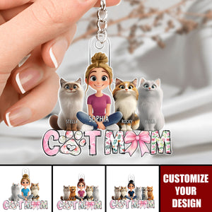 Cartoon Cat Mom Sitting - Personalized Acrylic Keychain, Gift For Cat Moms