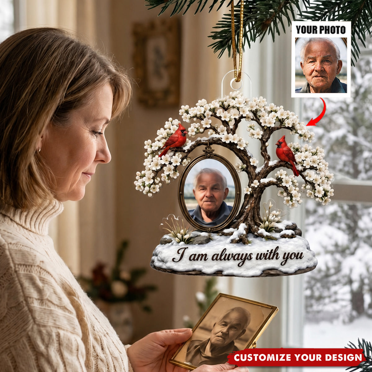 Cardinal Blossom Tree Custom Photo of Beloved One - Personalized Acrylic Ornament