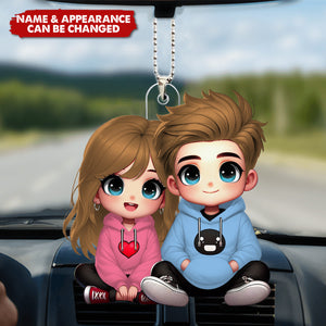 Cute Sitting Couple - Valentine's Day Gift - Personalized Acrylic Car Ornament