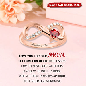 Personalized Angel Wing Infinity Ring with Heart Birthstone and Engraved Text Birthday Anniversary Gift for Her