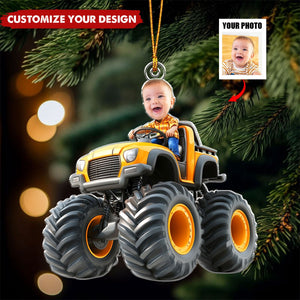 Kid Riding Monster Truck - Personalized Acrylic Photo Ornament, Gift For Toddler, Kid