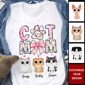 Cat Mom Pink Coquette Personalized T-Shirt, Gift for Cat Moms