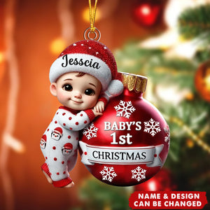 Baby Holding Bauble First Christmas Personalized Acrylic Ornament