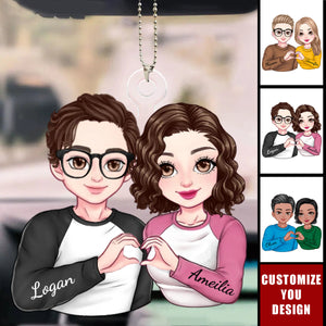 Cartoon Couple Heart Gesture - Personalized Acrylic Car Ornament, Anniversary Gift For Couple