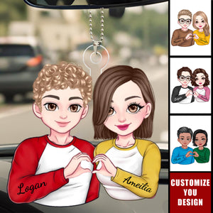 Cartoon Couple Heart Gesture - Personalized Acrylic Car Ornament, Anniversary Gift For Couple