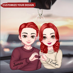 Cartoon Couple Heart Gesture - Personalized Acrylic Car Ornament, Anniversary Gift For Couple