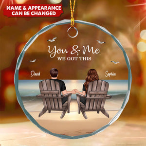 Couple Sitting Eternal Sunset Beach Personalized Circle Glass Ornament