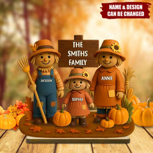 Fall Season Scarecrow Family 3D Effect Personalized 2-Layer Wooden Plaque