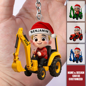 Little Boy Kid With Car Excavator Backhoe Tractor - Personalized Acrylic Keychain