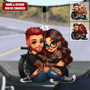 Biker Cartoon Effect Couple Personalized Acrylic Car Ornament, Gift for Motorcycle Lovers