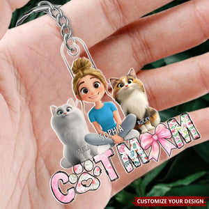 Cartoon Cat Mom Sitting - Personalized Acrylic Keychain, Gift For Cat Moms