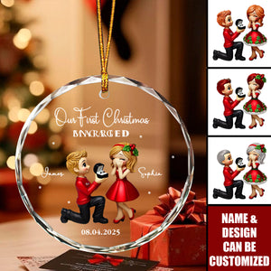 Our First Christmas Engaged Married - Couple Personalized Glass Ornament