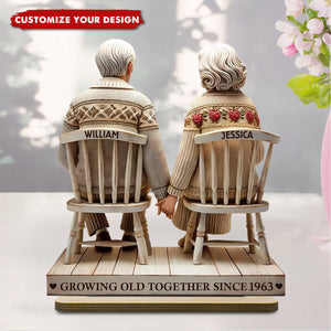 Old Couple Holding Hands Sitting Together - Personalized Standing Wooden Plaque