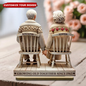 Old Couple Holding Hands Sitting Together - Personalized Standing Wooden Plaque