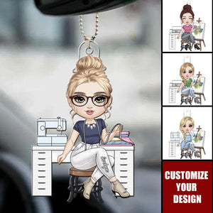 Cartoon Girl Love Sewing - Personalized Acrylic Ornament