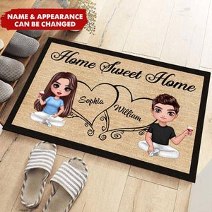 Doll Couple Sitting Home Sweet Home Housewarming Gift Home Decor Personalized Doormat