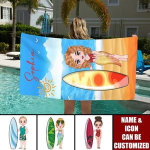 Personalised Surfboard Cartoon Character Beach Towel, Summer Vacation Travel Gift For Woman Man