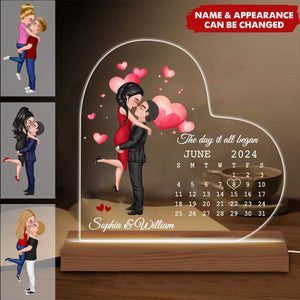 Doll Couple Hugging Kissing Calendar Anniversary Date Personalized Heart Shaped Acrylic Plaque With LED Night Light - Anniversary Gift For Couple - Gift For Him, Gift For Her