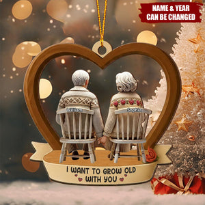 3D Back View Old Couple Growing Old Together - Personalized Wooden Ornament