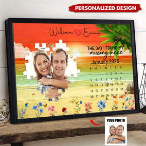 The Day I Found My Missing Piece – Customizable Couple's Poster, Gift for lover, with Puzzle Heart, Calendar, and Floral Details