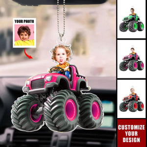 Custom Face Kid Riding Monster Truck - Personalized Acrylic Car Ornament, Gift For Toddler, Kid