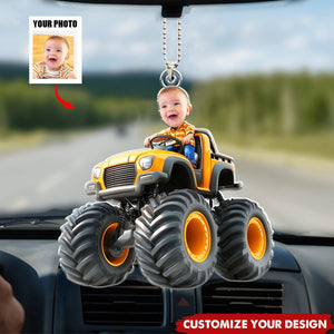 Custom Face Kid Riding Monster Truck - Personalized Acrylic Car Ornament, Gift For Toddler, Kid