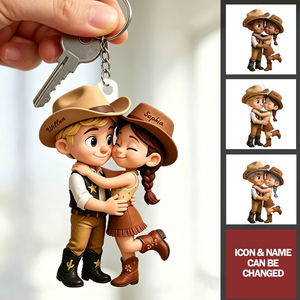Cartoon Style Countryside Couple Cowboy Cowgirl Personalized Keychain