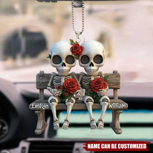 Skull Couple With Red Roses - Personalized Couple Car Ornament