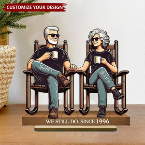 Old Couple Sitting On Front Porch - Personalized Standing Wooden Plaque