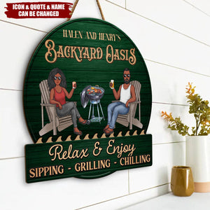 Just A Couple, Pool & Patio Sipping Chilling - Couple Personalized Home Decor Wood Sign