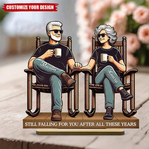 Old Couple Sitting On Front Porch - Personalized Standing Wooden Plaque