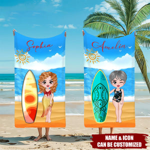 Personalised Surfboard Cartoon Character Beach Towel, Summer Vacation Travel Gift For Woman Man