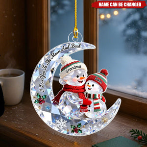3D Crystal Effect Grandma Grandkid Snowman On Moon - Personalized Acrylic Ornament