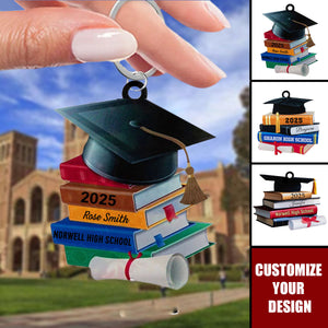 Graduation Cap And Books - Personalized Acrylic Keychain, Gift For Graduates