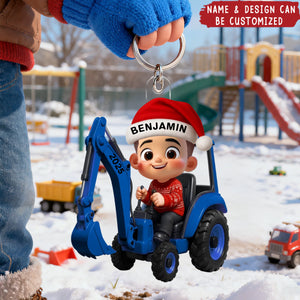Little Boy Kid With Car Excavator Backhoe Tractor - Personalized Acrylic Keychain