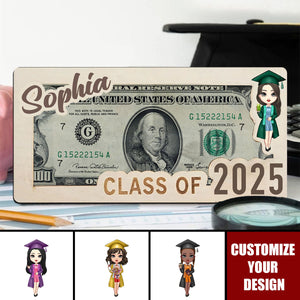 Cartoon Grad Cap Character - Personalized Wooden Money Holder, Gift For Graduates
