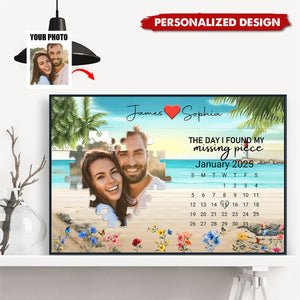 The Day I Found My Missing Piece – Customizable Couple's Poster, Gift for lover, with Puzzle Heart, Calendar, and Floral Details