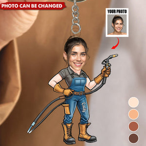 Welder Cartoon Portrait - Personalized Photo Keychain - Gift for Metalworker